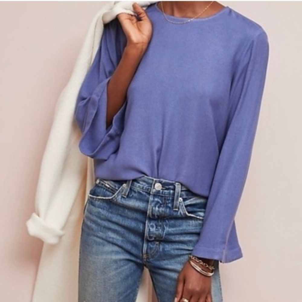 Anthropologie Cloth & Stone Bell Sleeve Blouse‎ Viscose Blue SZ XSmall NWT